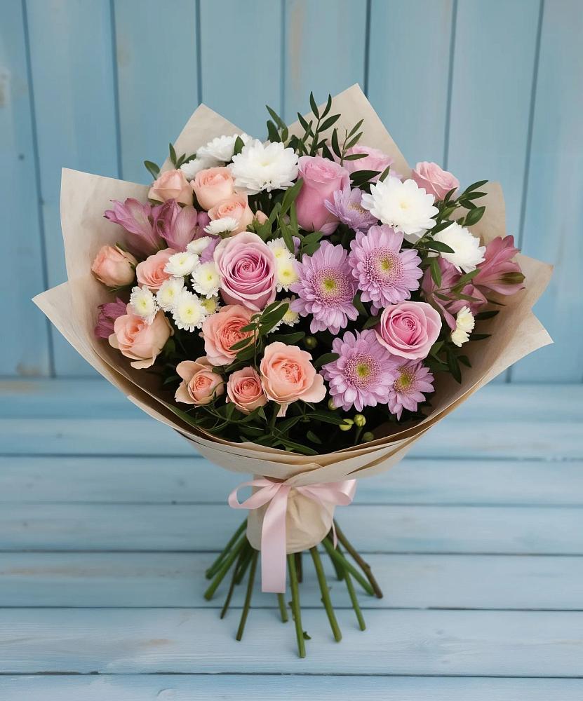 Букет цветов из: Хризантемы, Розы и Альстромерии в Зеленогорском Ставропольского края