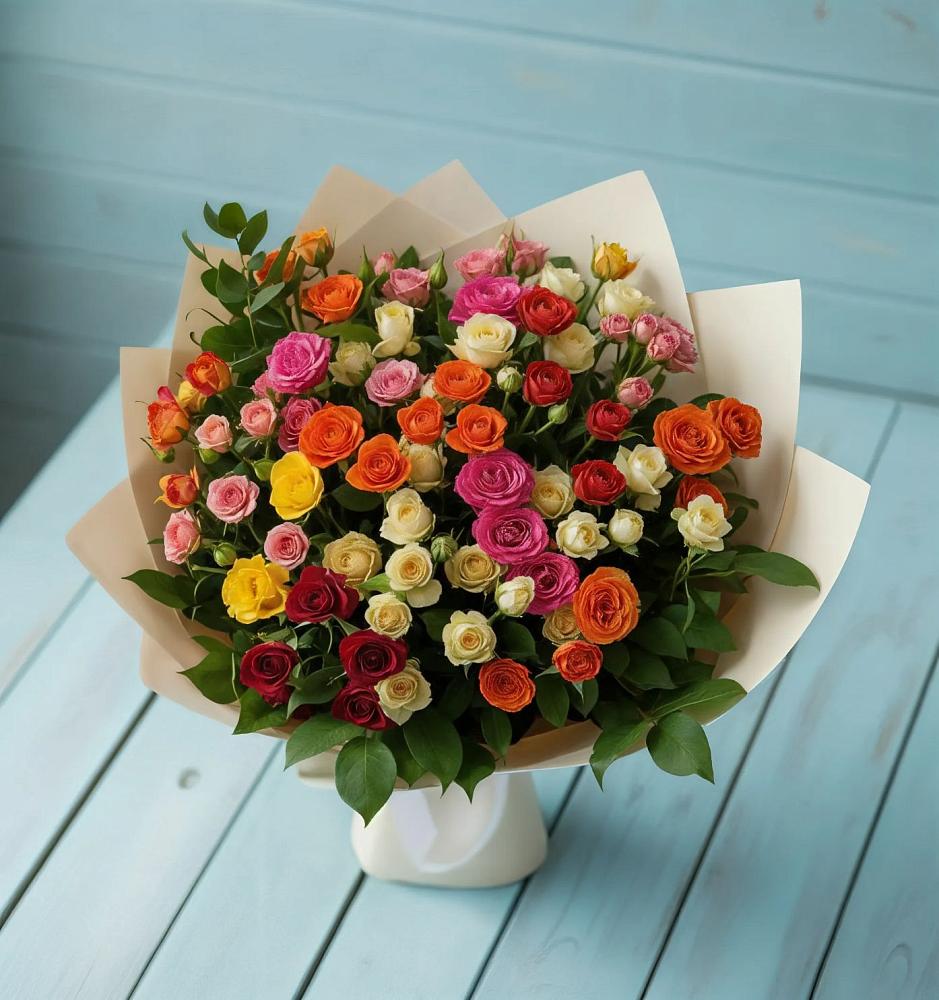 Букет Микс из разноцветных кустовых роз в Зеленогорском Ставропольского края